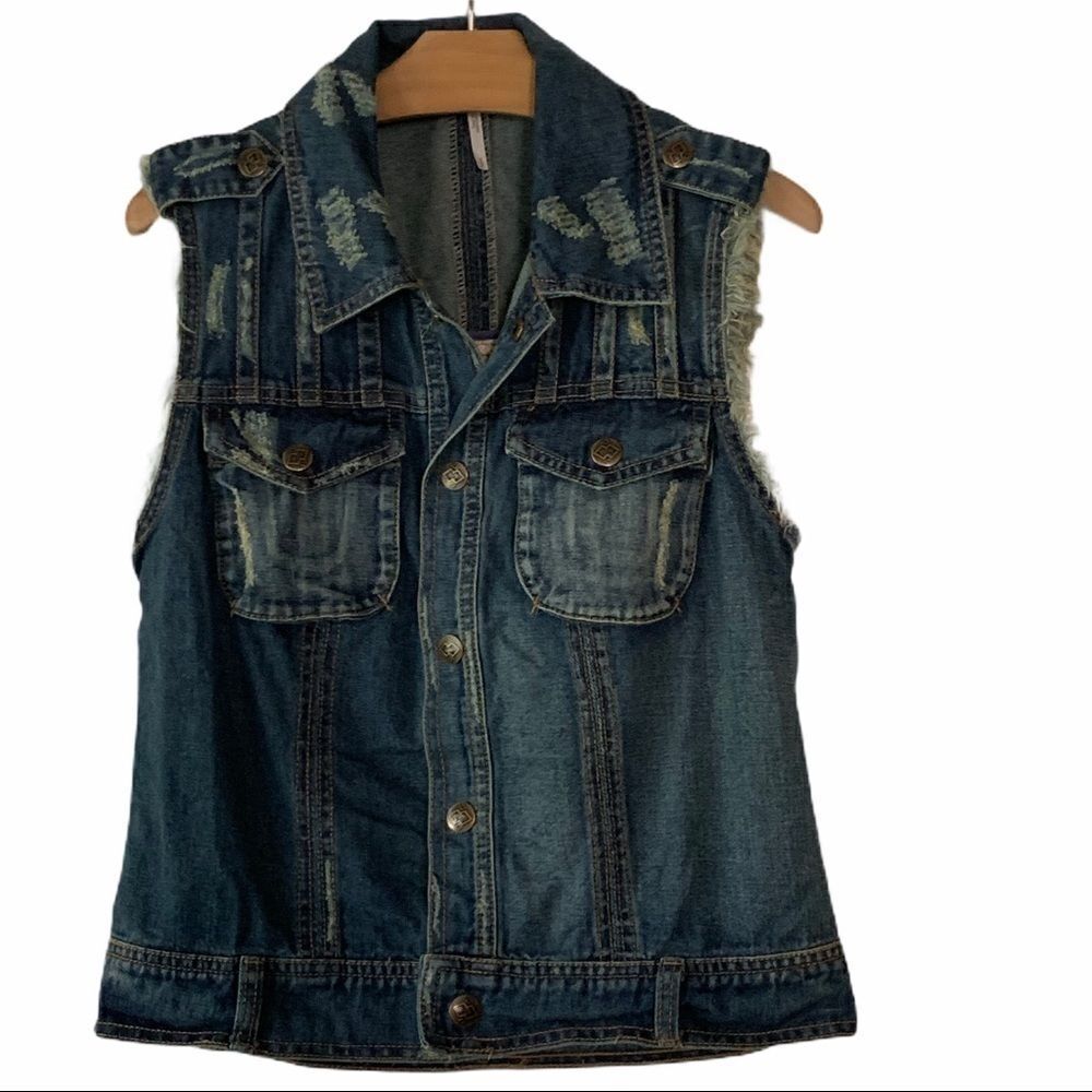 Free People Macrame Back Distressed Denim Vest